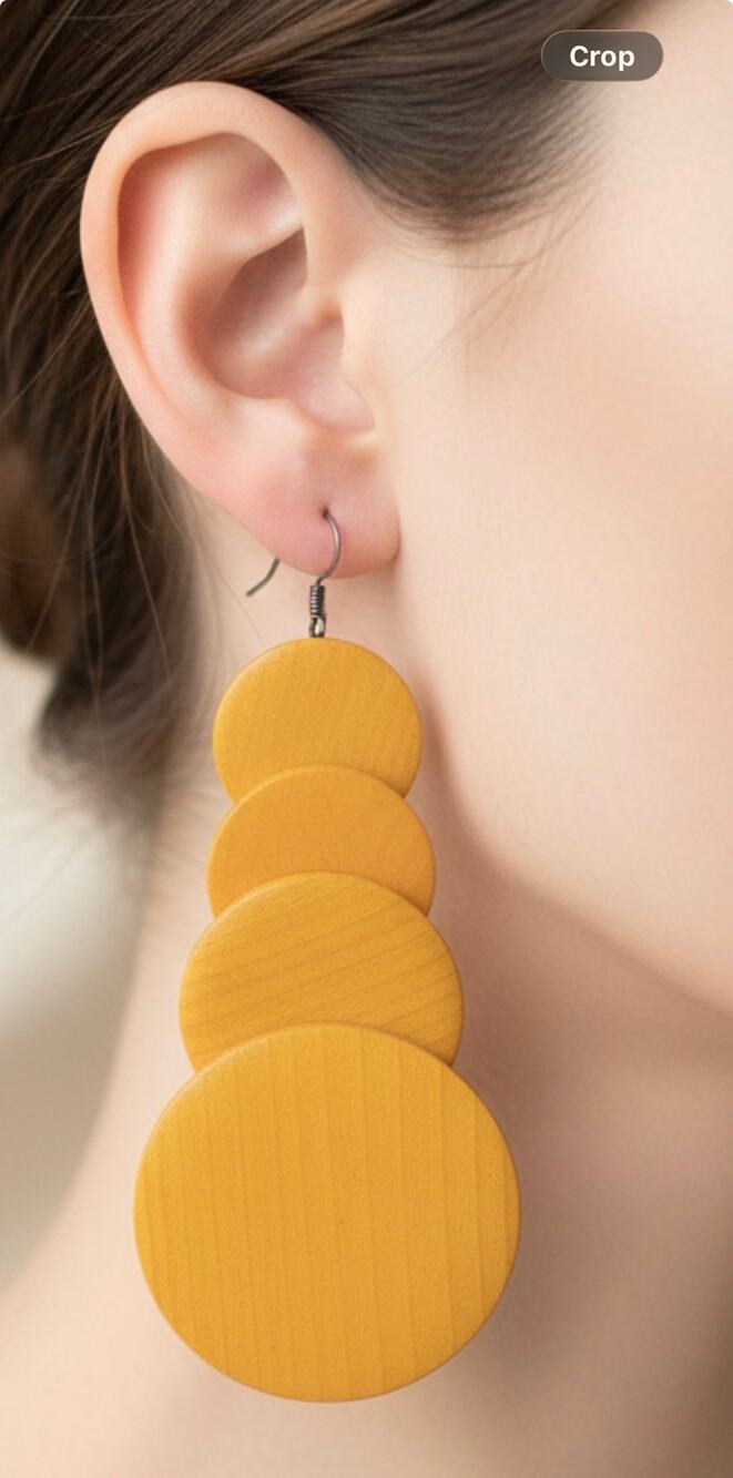 Vintage Yellow Wooden Disc Drop Earrings 4” Boho Statement